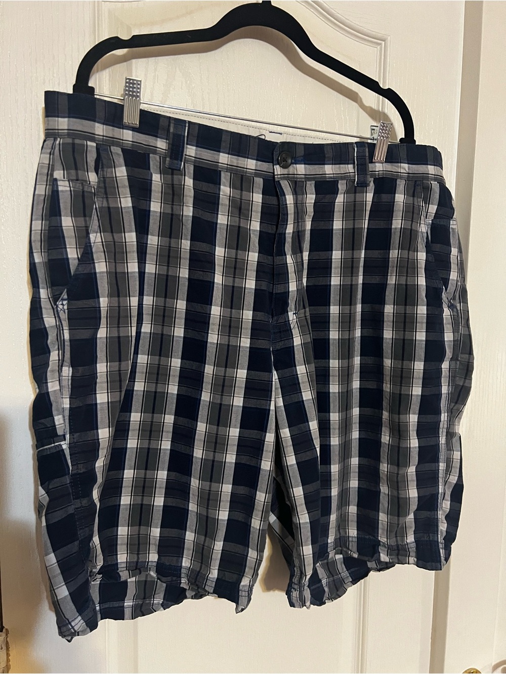 Men's Navy and White Plaid Flat-Front Shorts